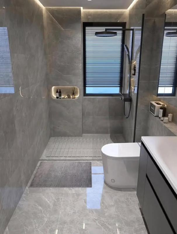 Minimalist luxury walk-in wetroom with large format slate porcelain