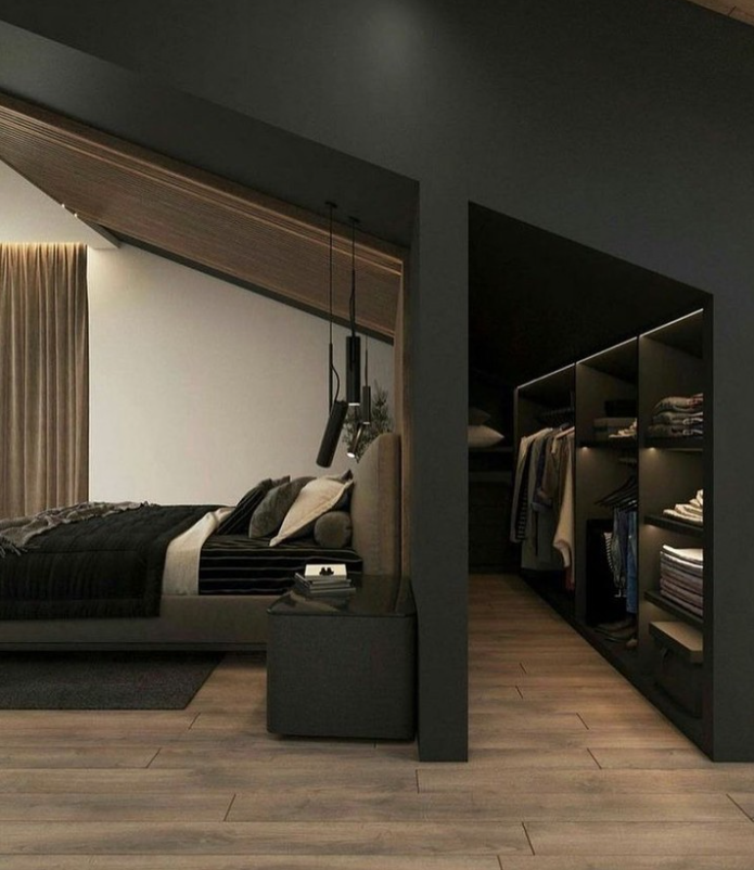 Modern attic loft bedroom with custom wardrobe partition