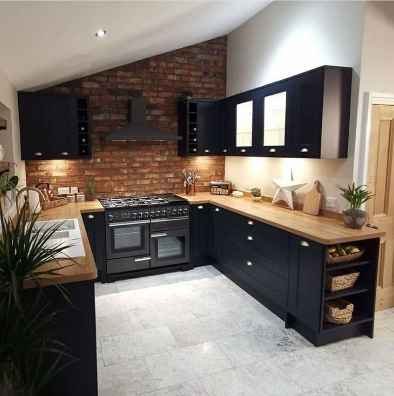 Charcoal shaker kitchen with exposed brick wall