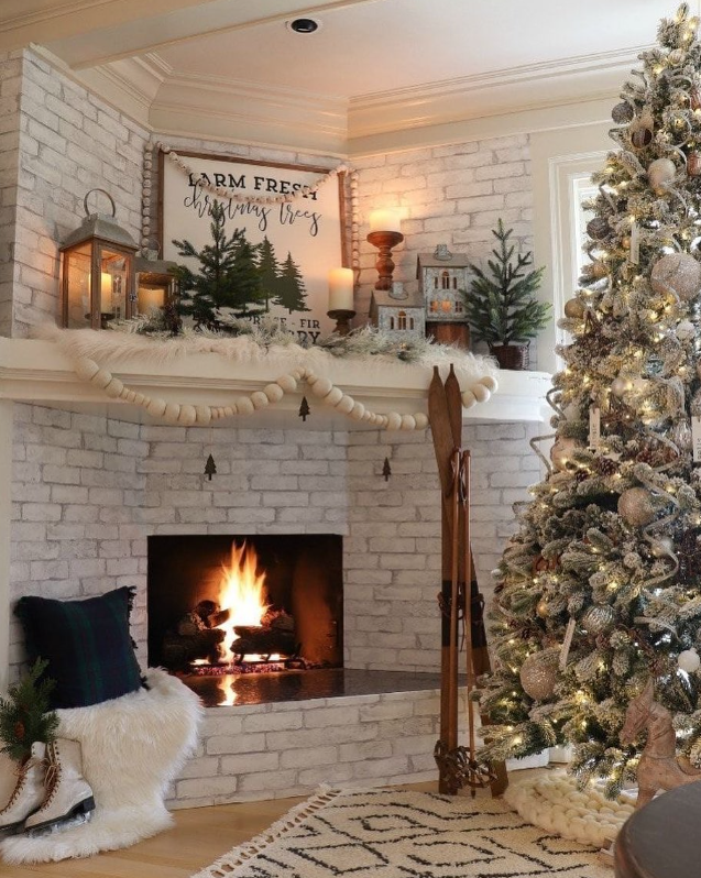 Stacked natural stone fireplace and integrated log store